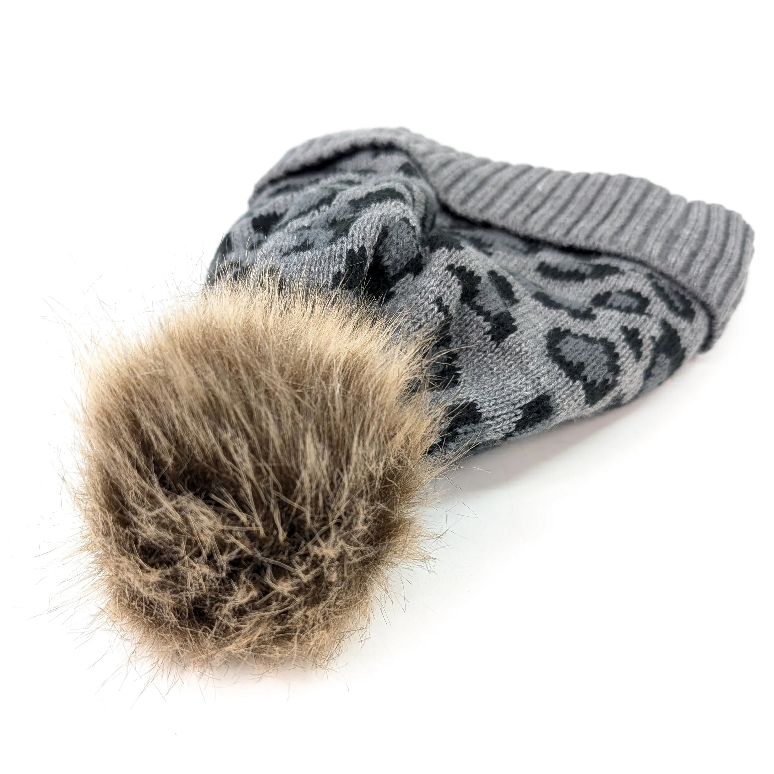 Animal Print PomPom Hat - Grey