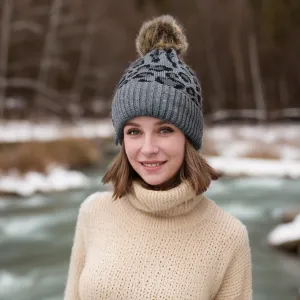 Animal Print PomPom Hat - Grey