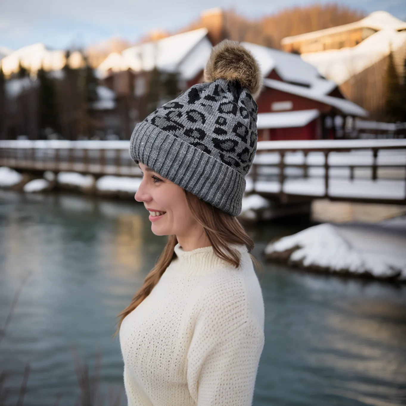Animal Print PomPom Hat - Grey