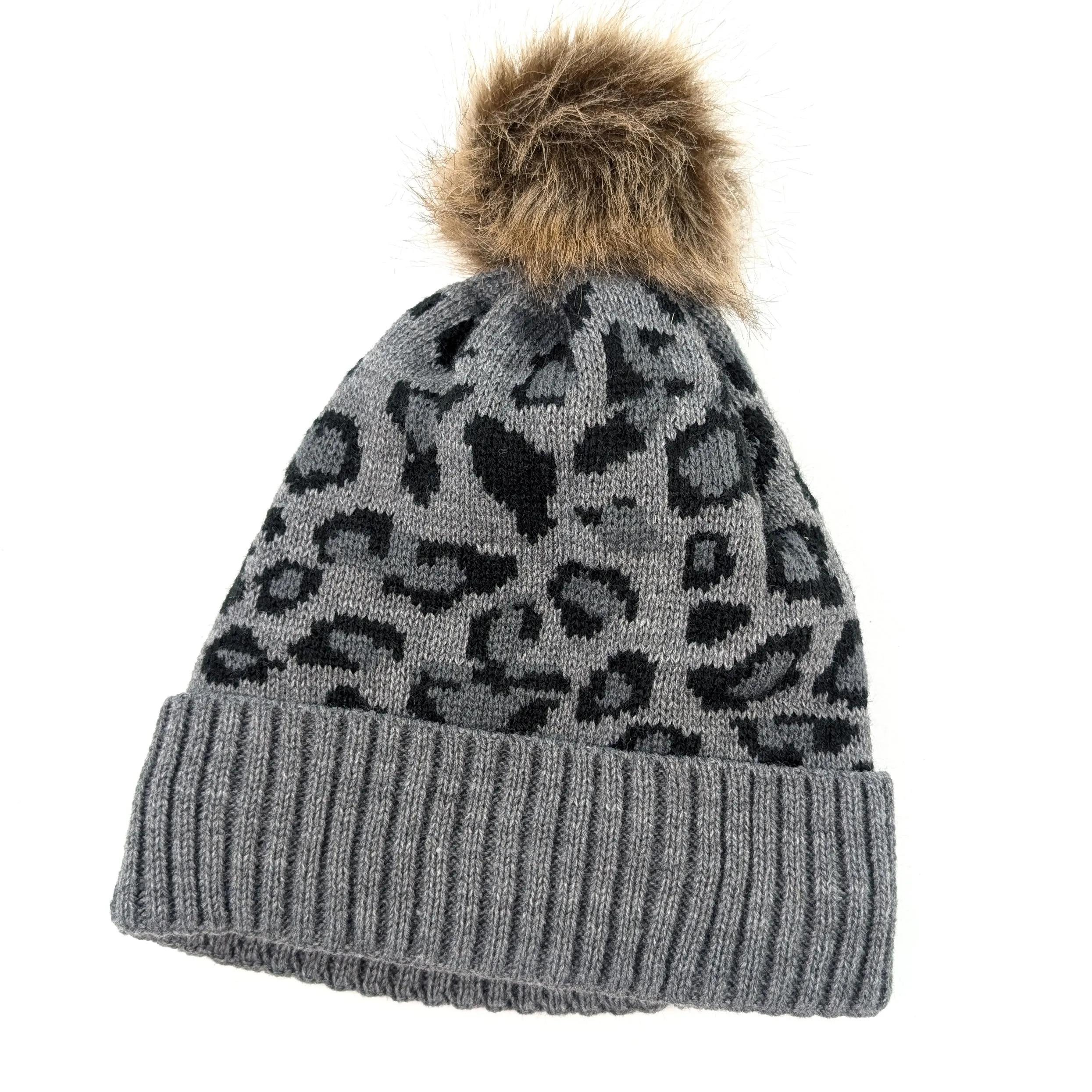 Animal Print PomPom Hat - Grey