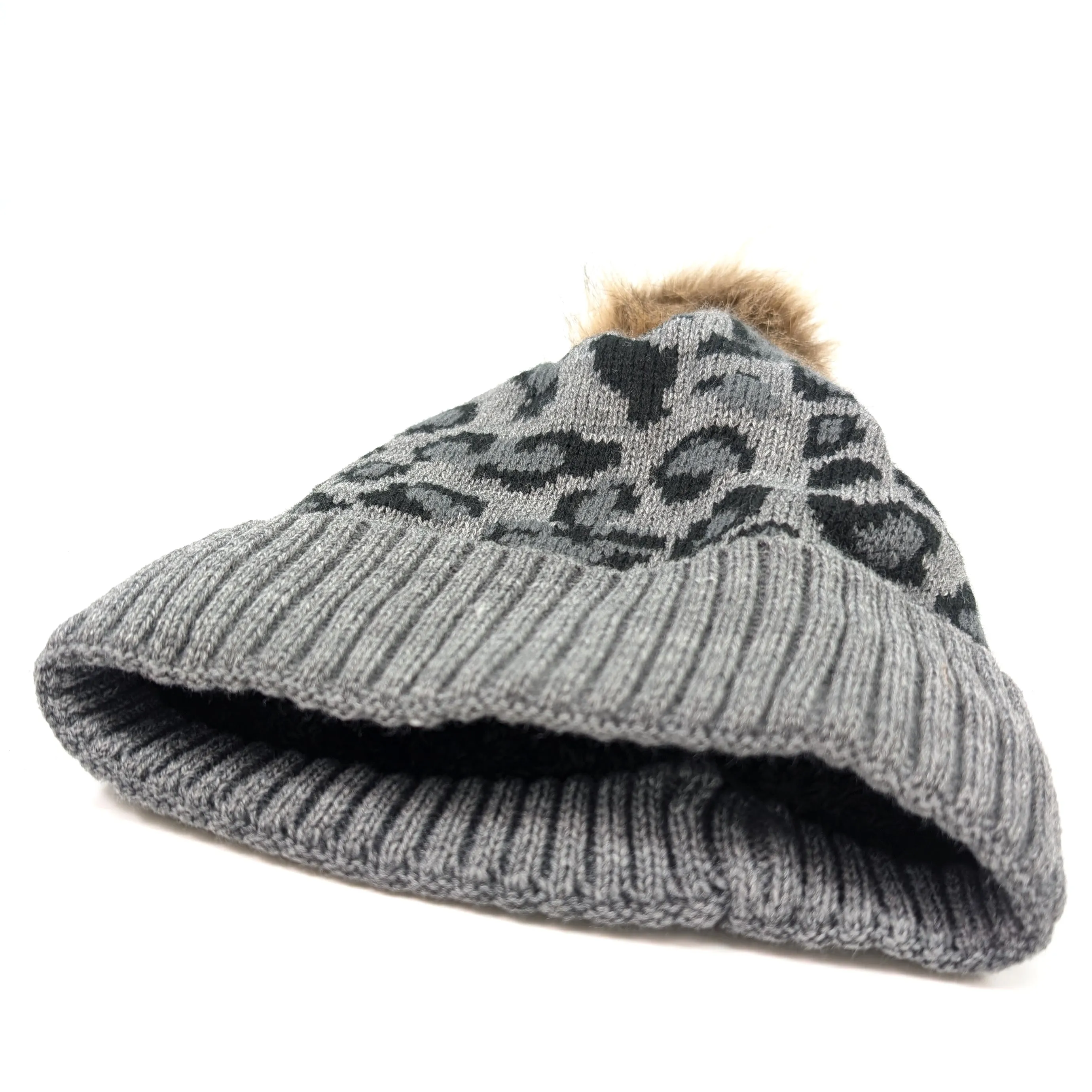 Animal Print PomPom Hat - Grey