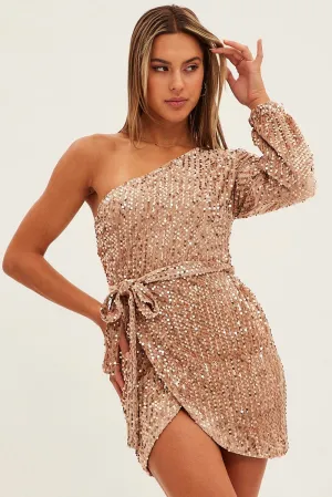 Beige Sequin Mini Dress One Shoulder