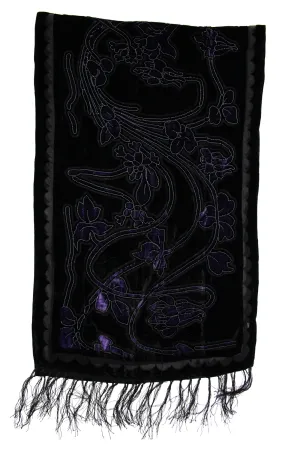 Black   Blue Floral Patterned Devore Velvet Scarf (160 x 52cm)