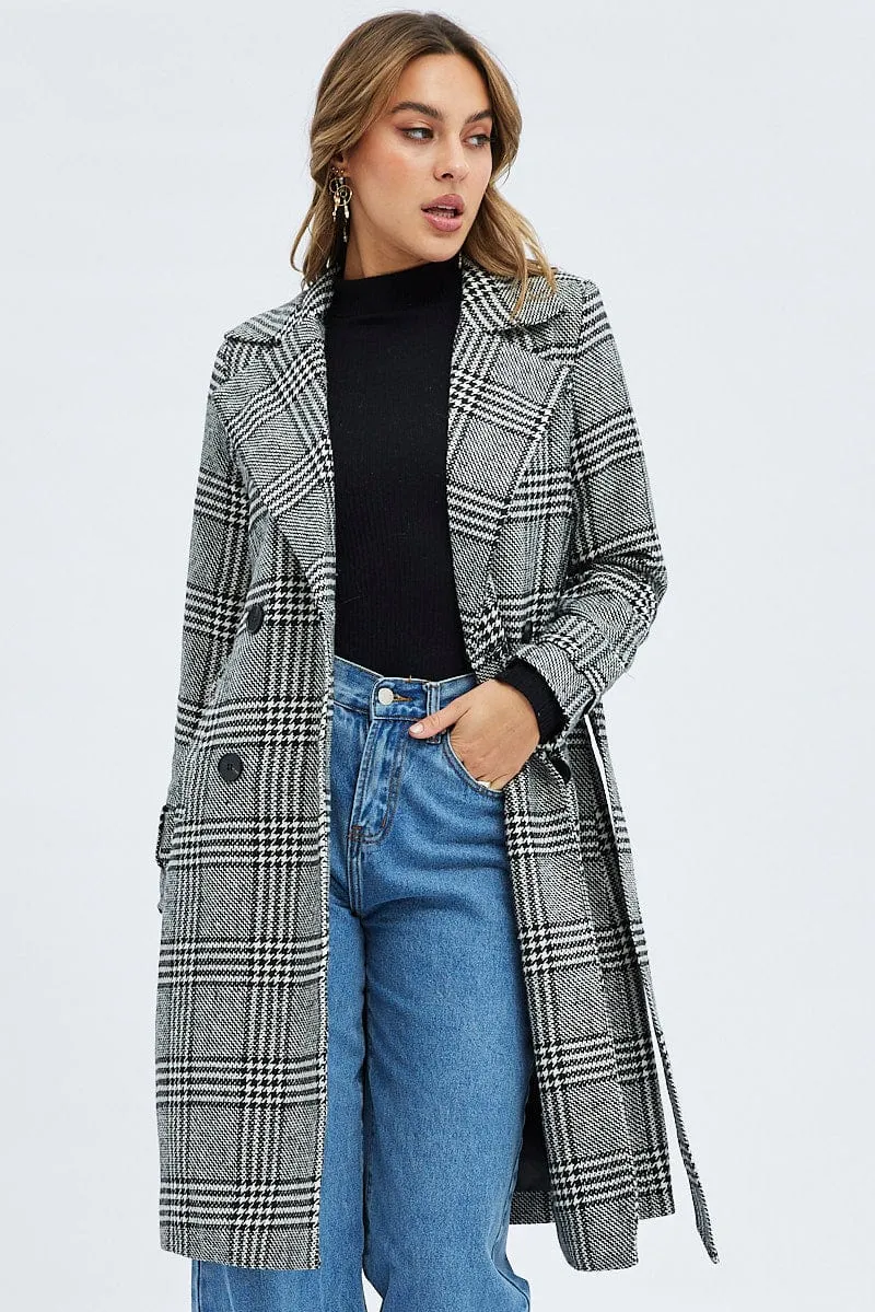 Black Check Belted Coat Knee Length Long Sleeve
