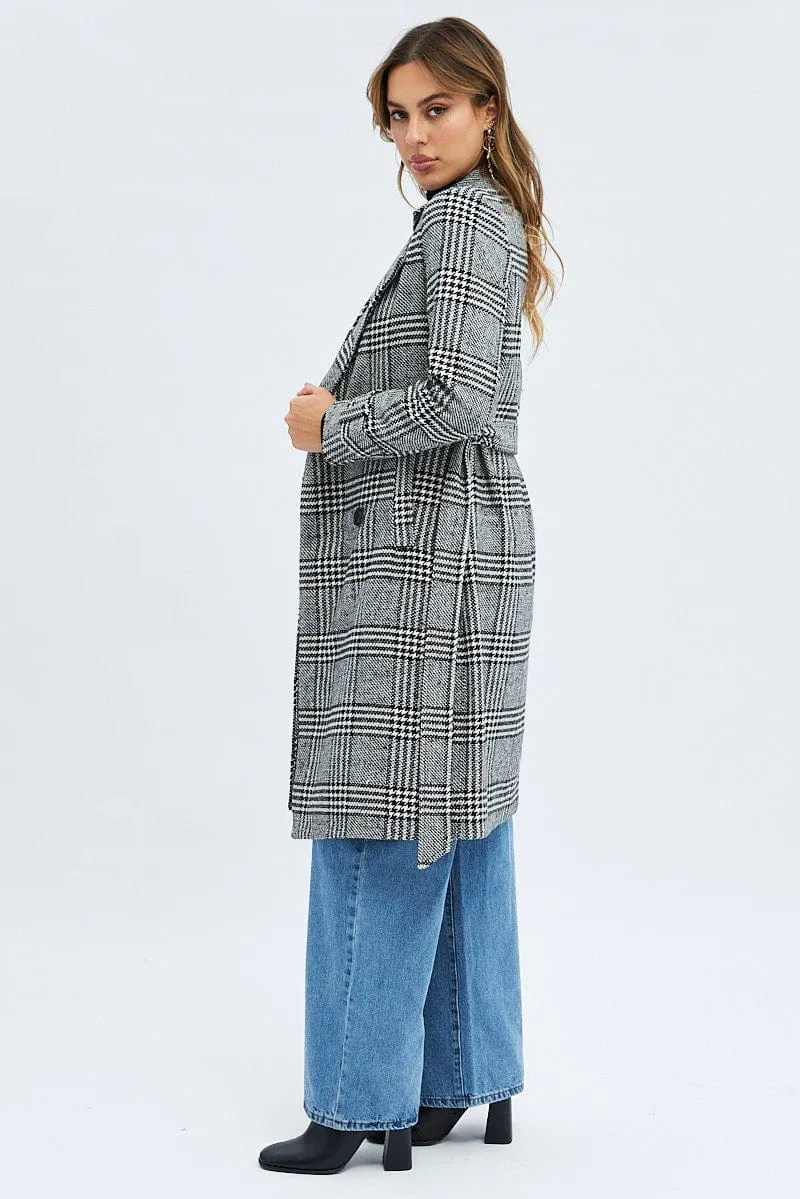 Black Check Belted Coat Knee Length Long Sleeve