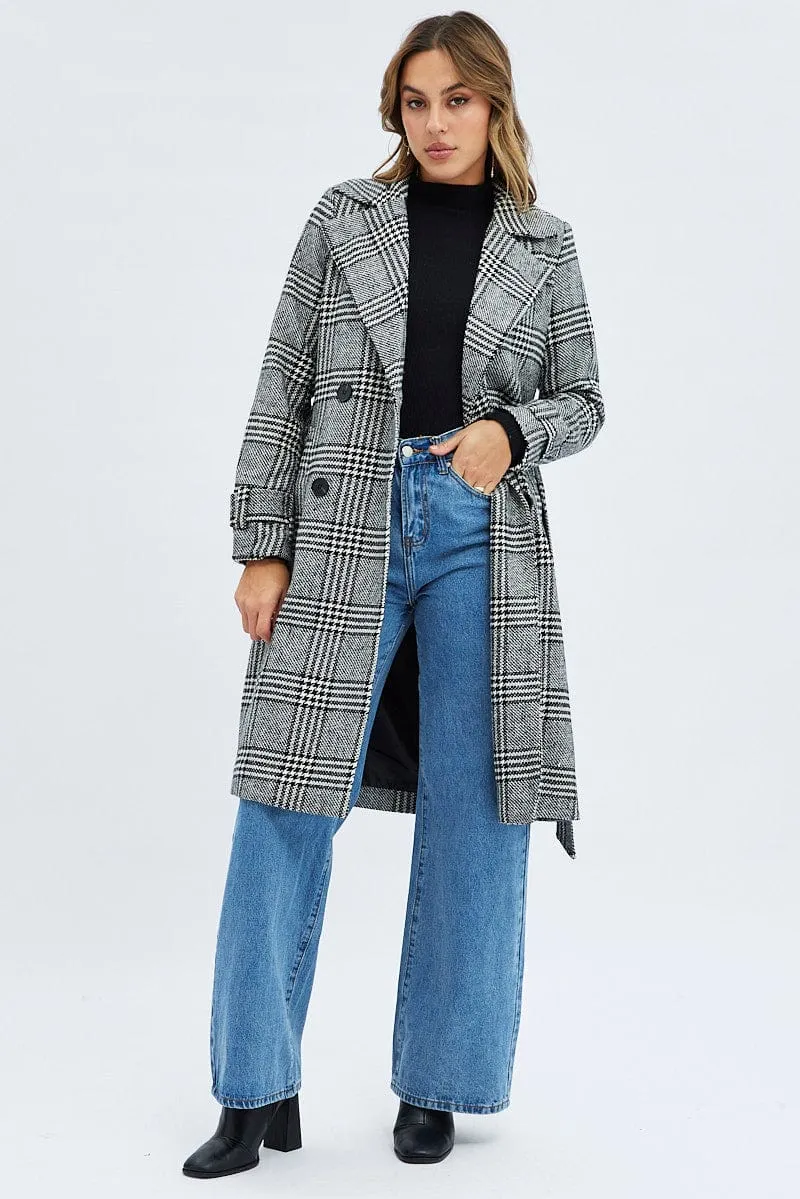 Black Check Belted Coat Knee Length Long Sleeve