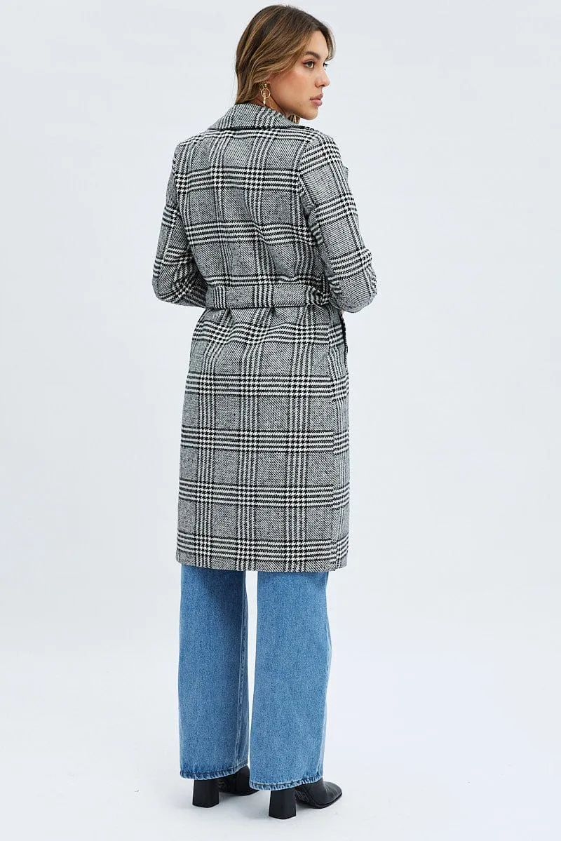 Black Check Belted Coat Knee Length Long Sleeve