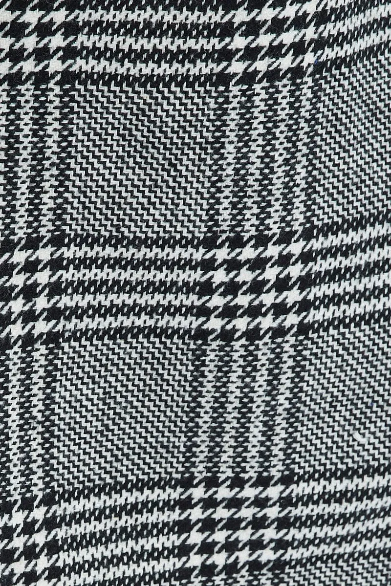 Black Check Belted Coat Knee Length Long Sleeve