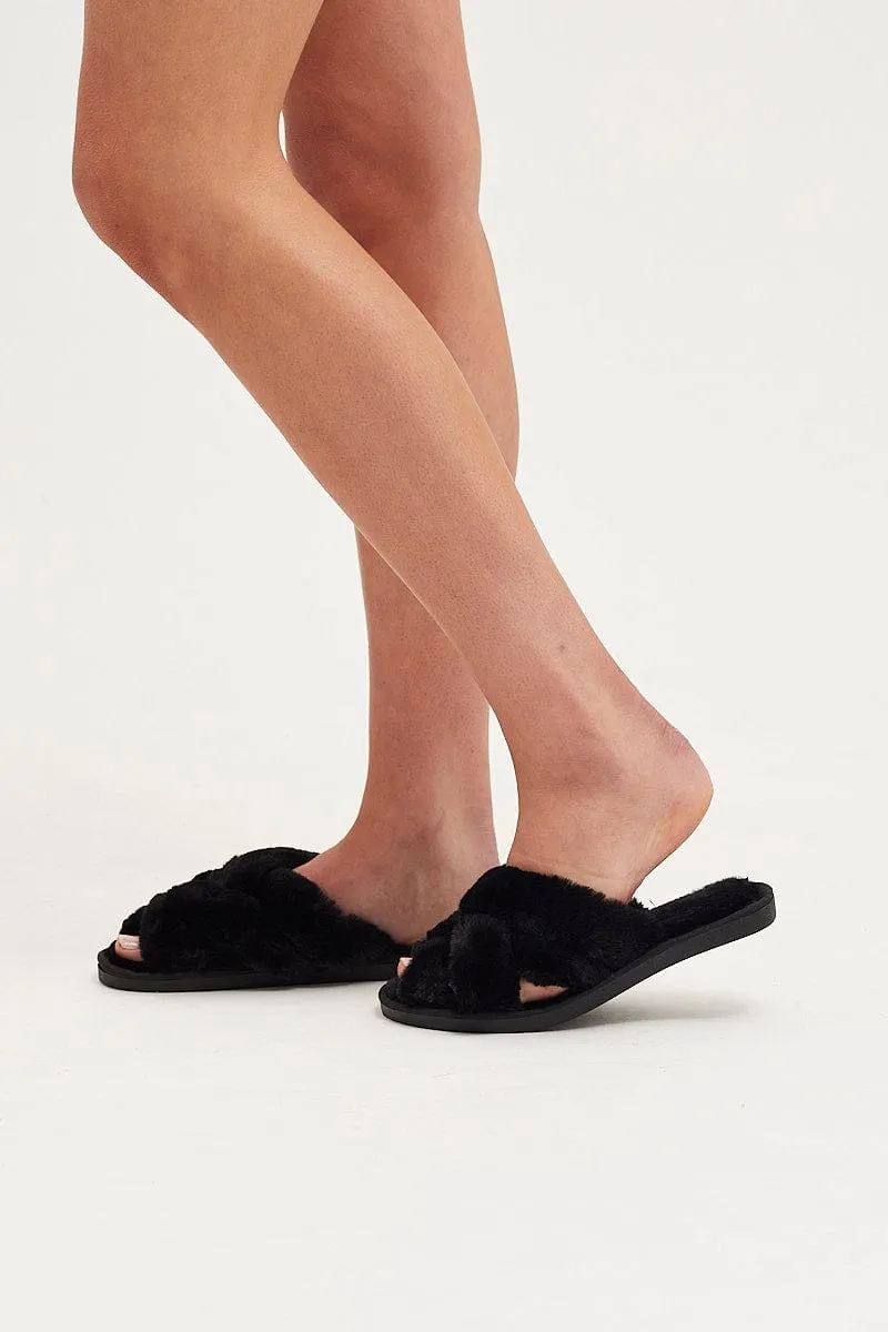 Black Faux Fur Slippers