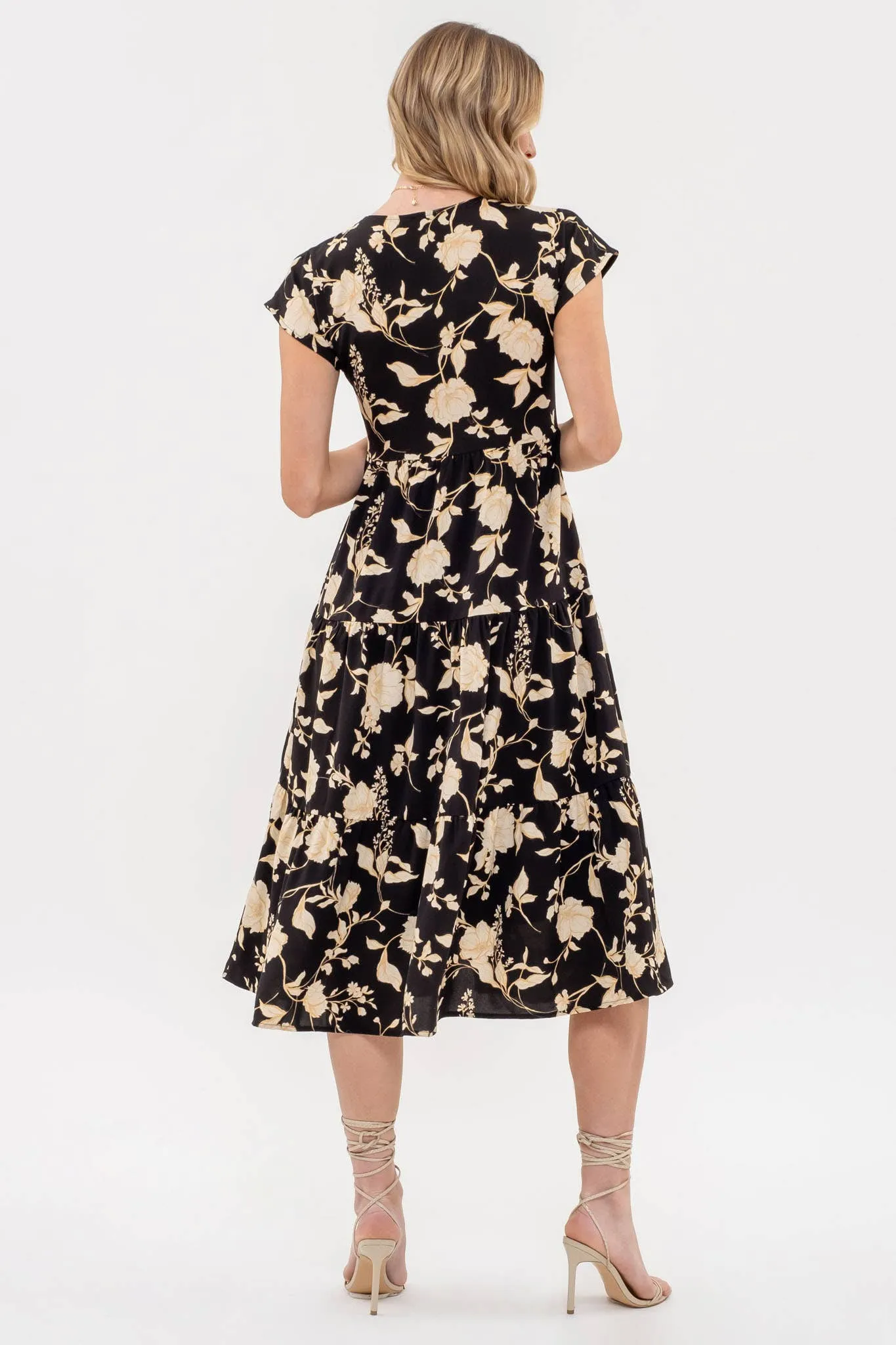 Black Floral Tiered V Neck Dress