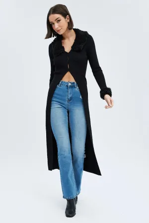 Black Longline Knit Cardigan Faux Fur Trim Ribbed