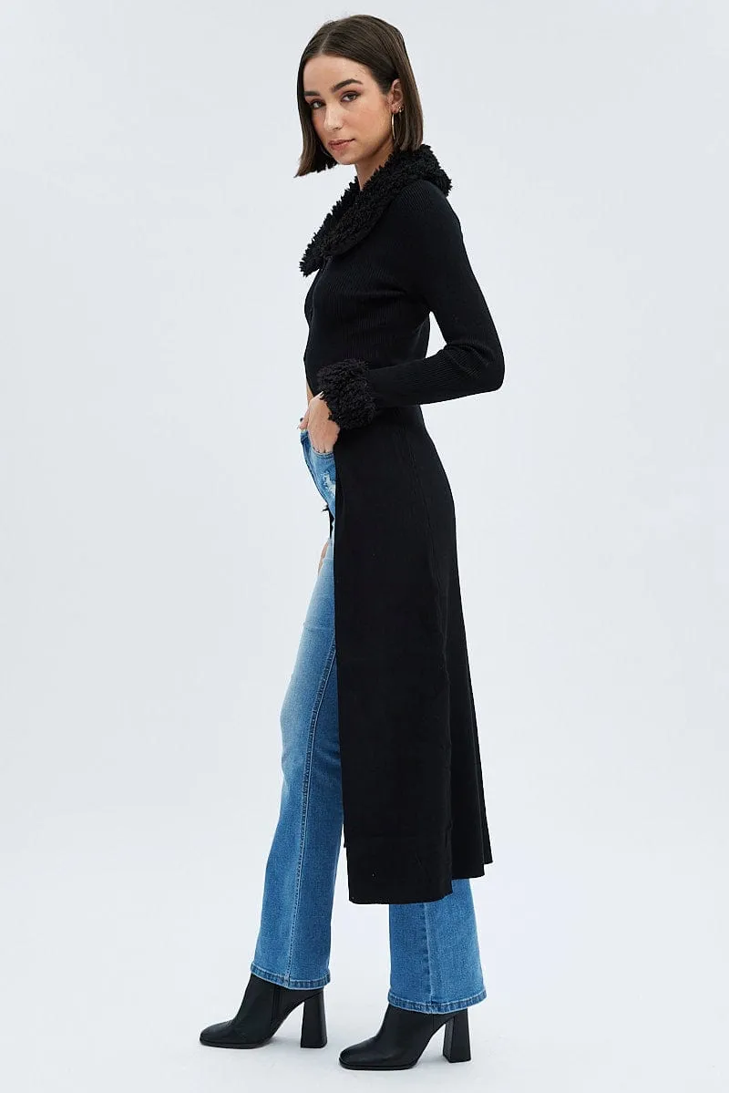 Black Longline Knit Cardigan Faux Fur Trim Ribbed