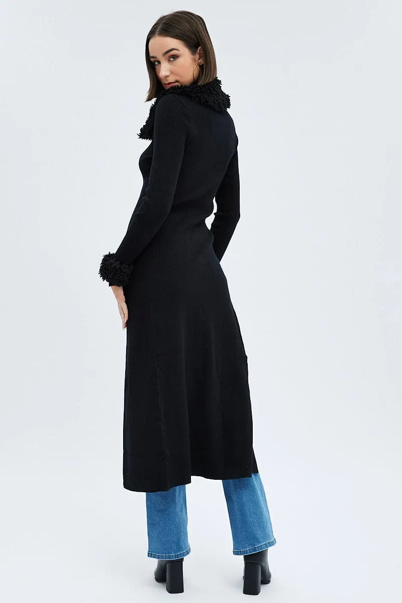 Black Longline Knit Cardigan Faux Fur Trim Ribbed