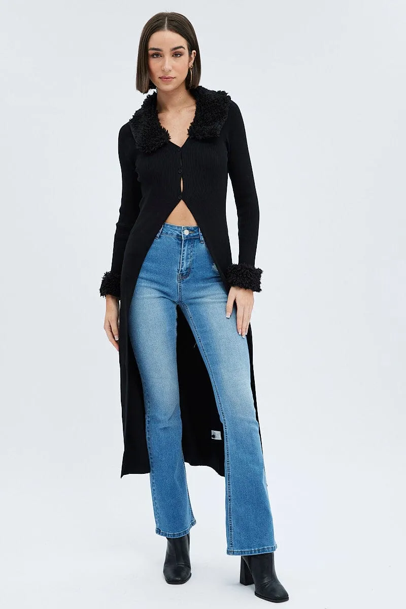 Black Longline Knit Cardigan Faux Fur Trim Ribbed