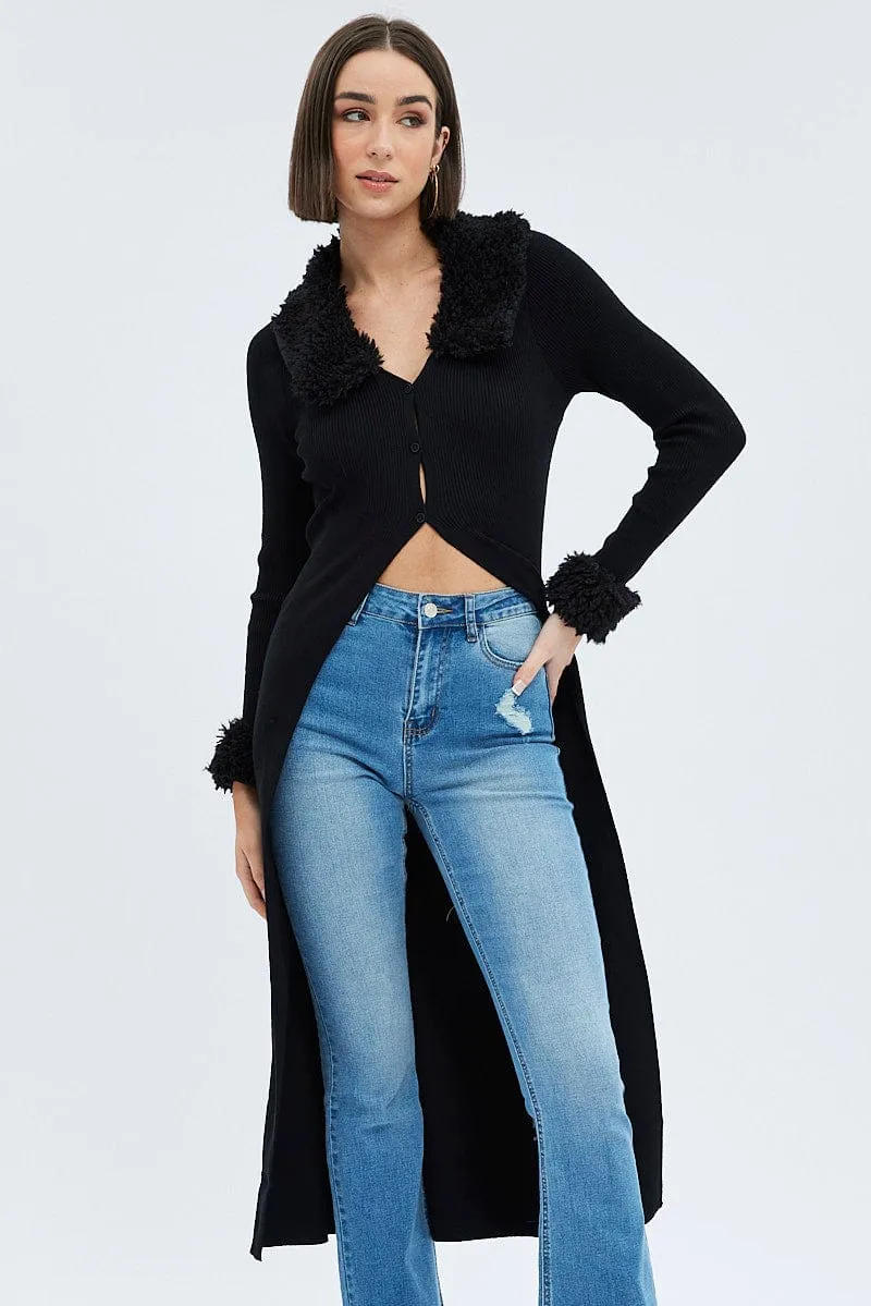 Black Longline Knit Cardigan Faux Fur Trim Ribbed