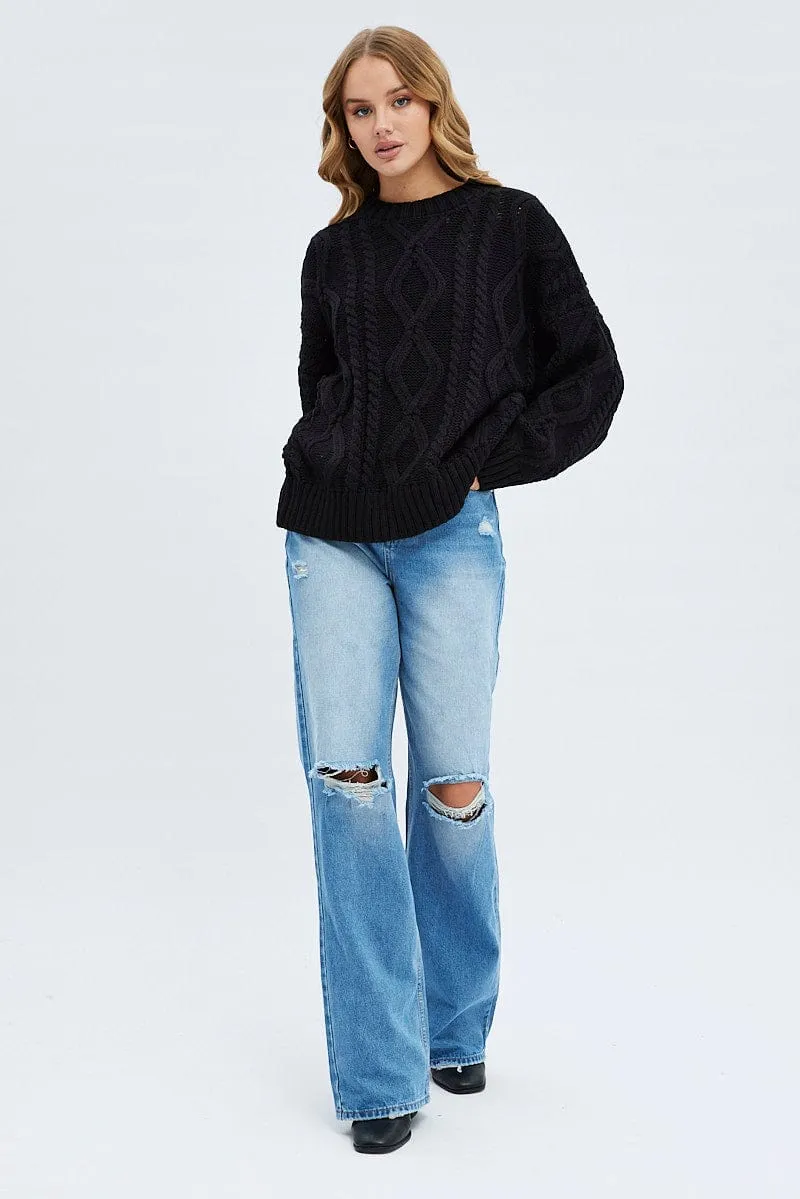 Black Oversized Knit Long Sleeve Cable