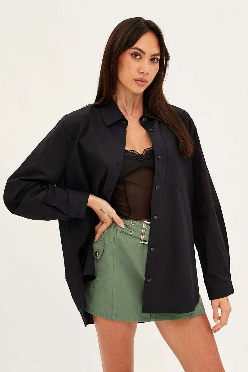 Black Oversized Shirt Long Sleeve Button Front