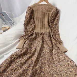 Bonnyshow &nbsp;Autumn Winter New Korean Version of Age-reducing Splicing Strap Slimming Knitted Long Dress Fashion Corduroy Floral Dress