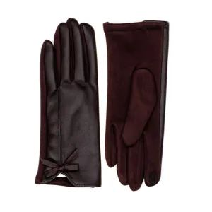 Brown Faux Leather Gloves with Bow