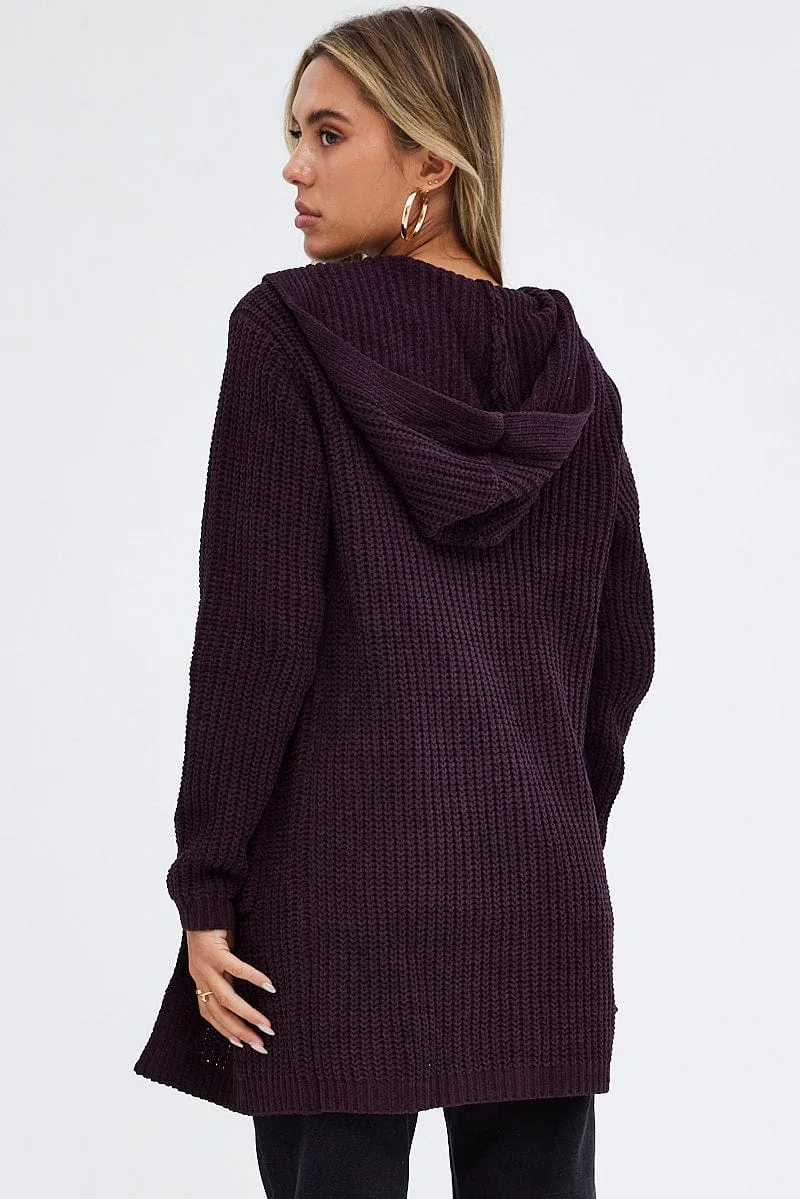 Brown Knit Cardigan Hooded Chenille