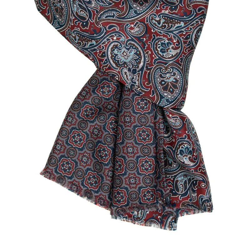 Burgundy with Grey Paisley and Medallions Silk Scarf