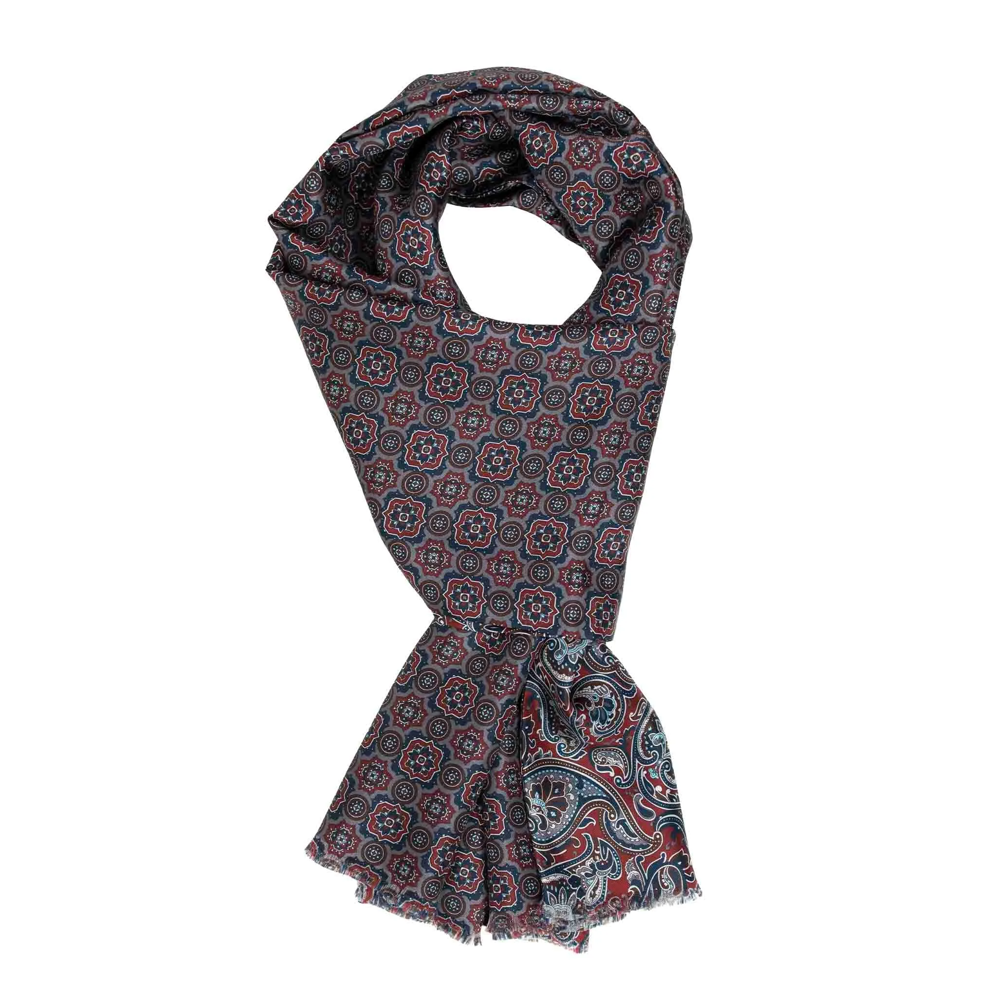 Burgundy with Grey Paisley and Medallions Silk Scarf