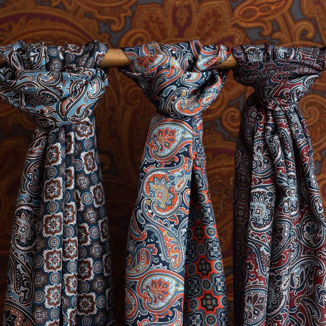 Burgundy with Grey Paisley and Medallions Silk Scarf