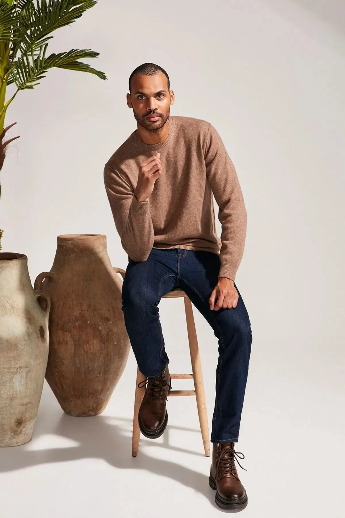 Camel Cashmere and Australian Wool Erson Reverse Stitch Detailed Round Collar Long Sleeve Men's Sweater