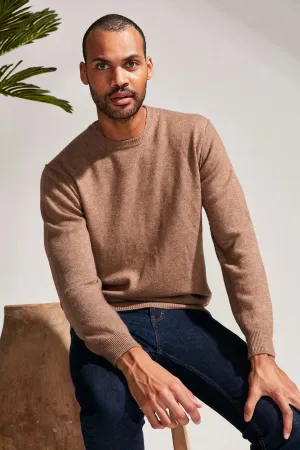 Camel Cashmere and Australian Wool Erson Reverse Stitch Detailed Round Collar Long Sleeve Men's Sweater