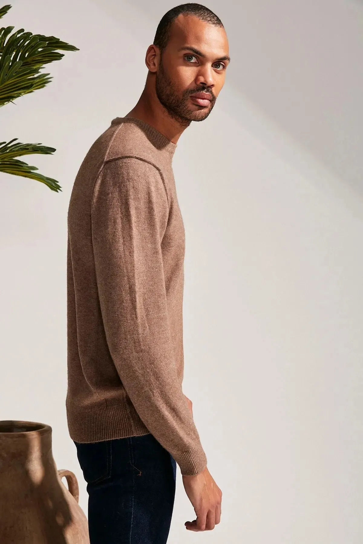 Camel Cashmere and Australian Wool Erson Reverse Stitch Detailed Round Collar Long Sleeve Men's Sweater