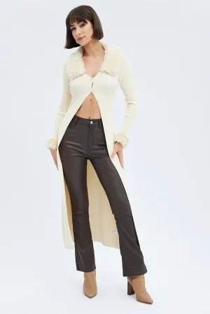 Camel Longline Knit Cardigan Faux Fur Trim Ribbed