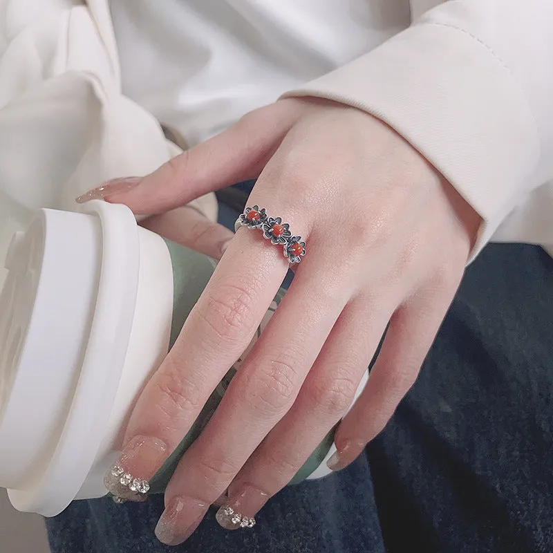 Chao Sheng S925 Pure silver retro making old south red agate flower modeling ring literary and art nation wind and food