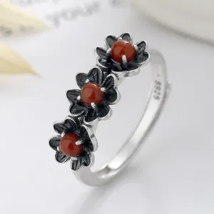 Chao Sheng S925 Pure silver retro making old south red agate flower modeling ring literary and art nation wind and food