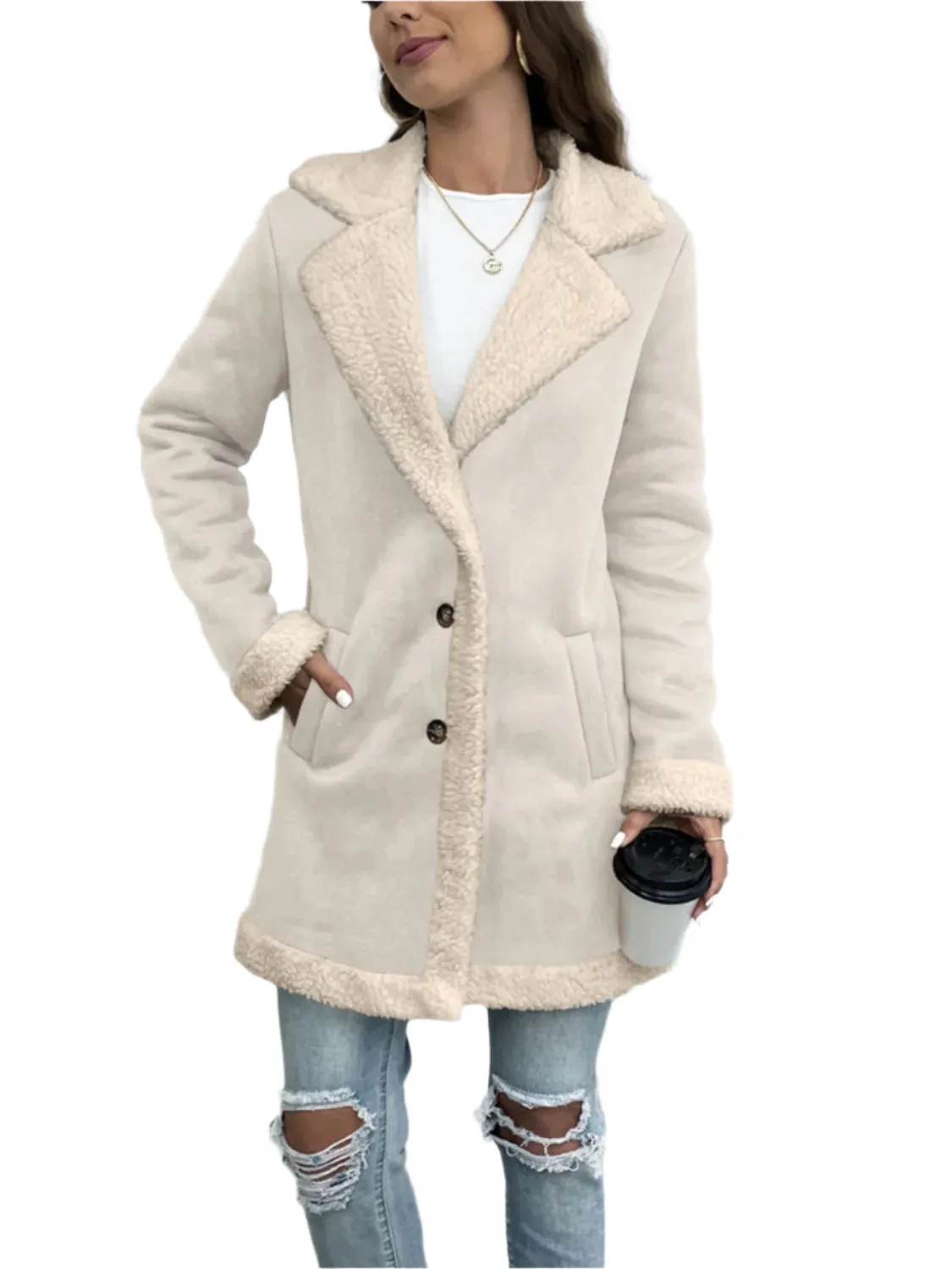 Contrast Button Up Lapel Collar Long Sleeve Coat