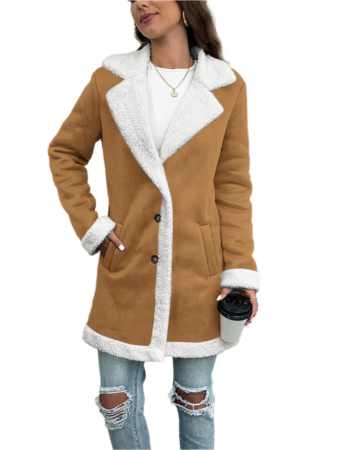 Contrast Button Up Lapel Collar Long Sleeve Coat