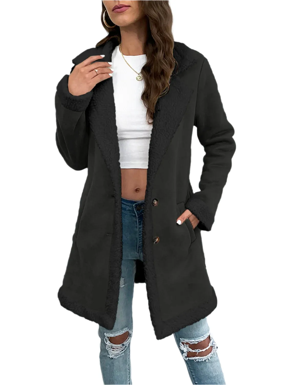 Contrast Button Up Lapel Collar Long Sleeve Coat