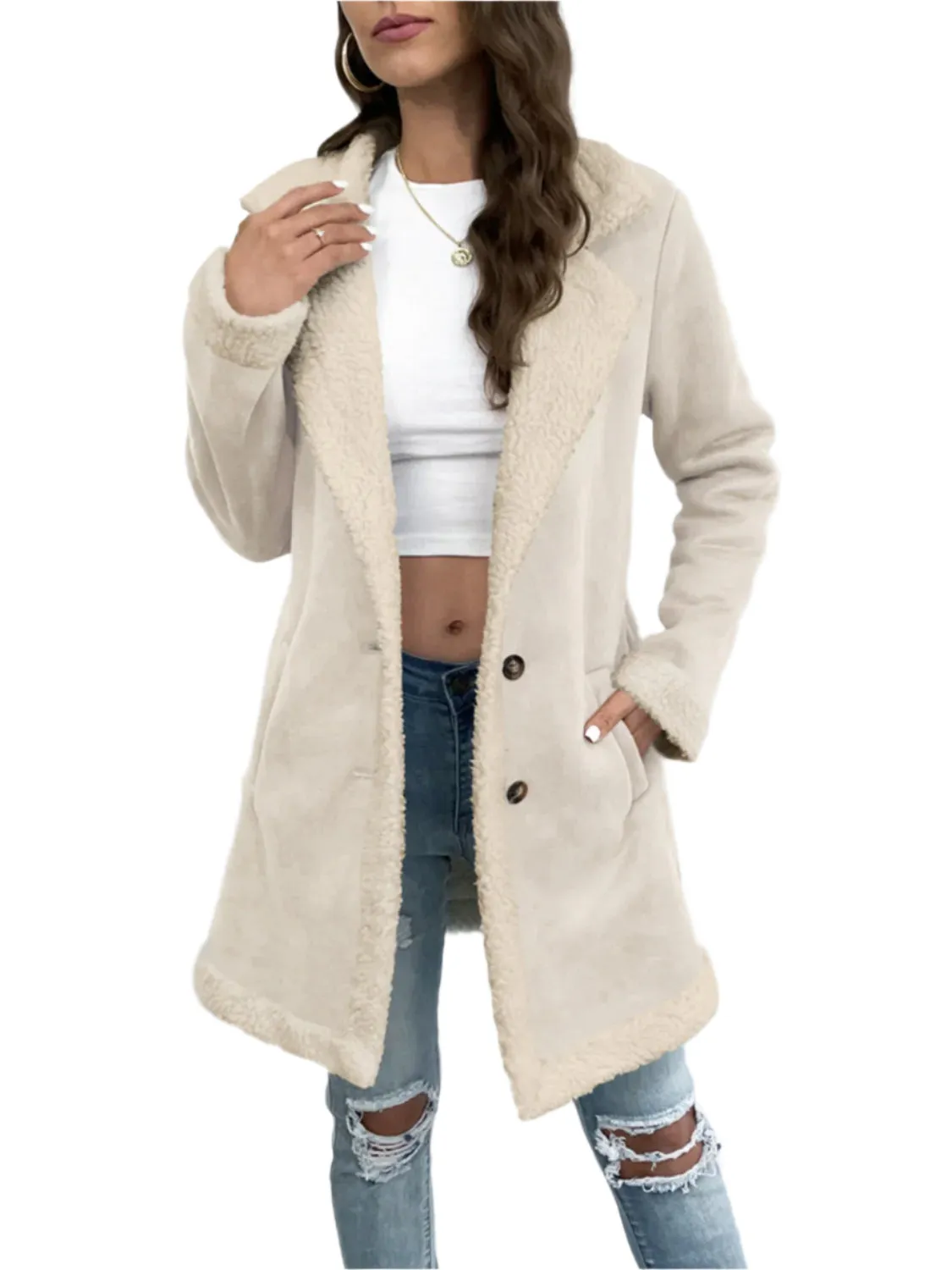 Contrast Button Up Lapel Collar Long Sleeve Coat