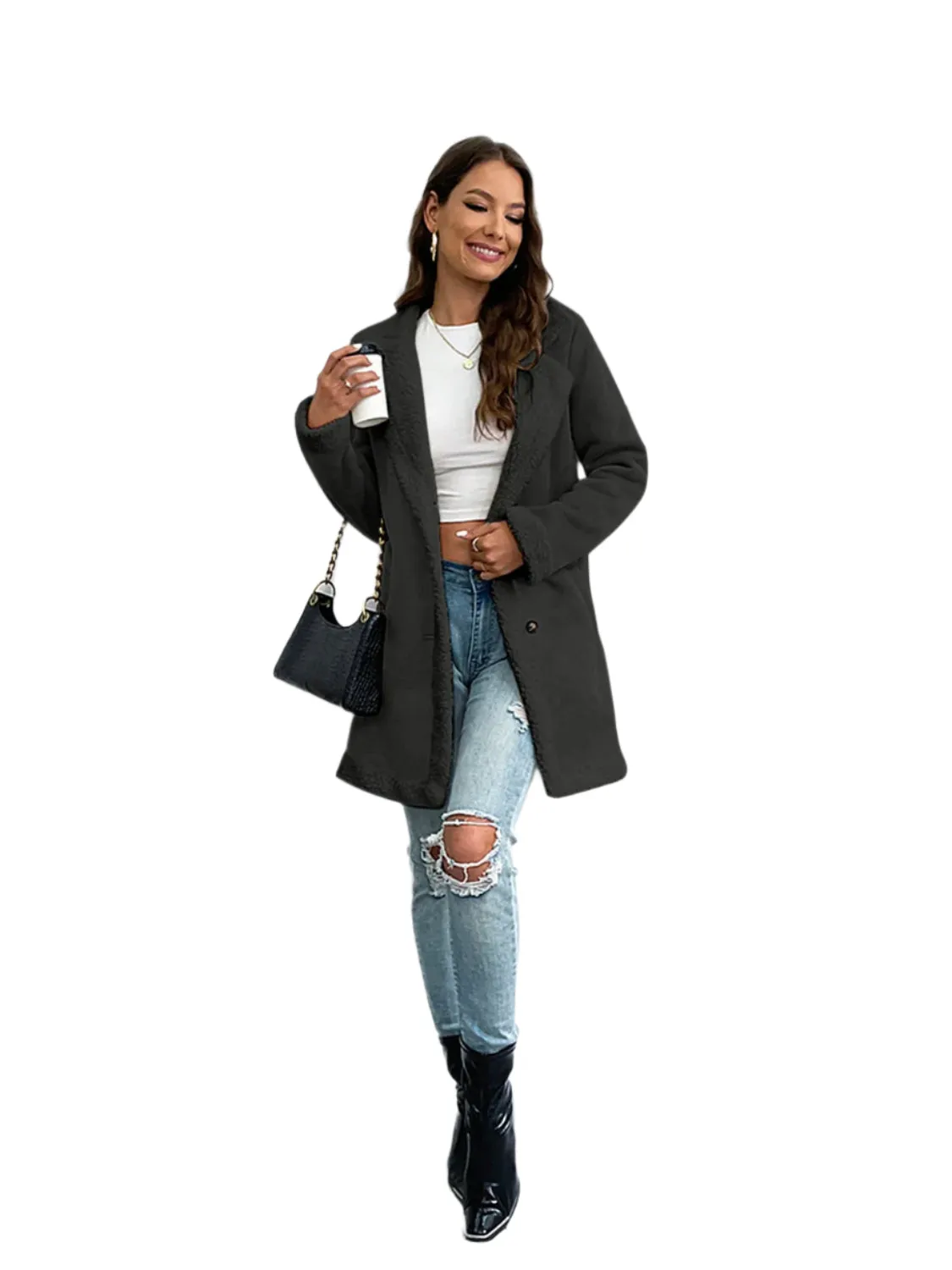 Contrast Button Up Lapel Collar Long Sleeve Coat