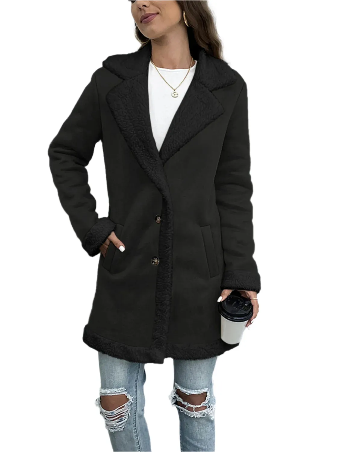 Contrast Button Up Lapel Collar Long Sleeve Coat