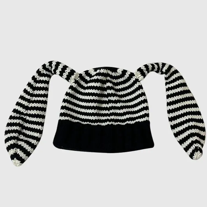 Cute Rabbit Ears Knitted Stripe Pullover Hat