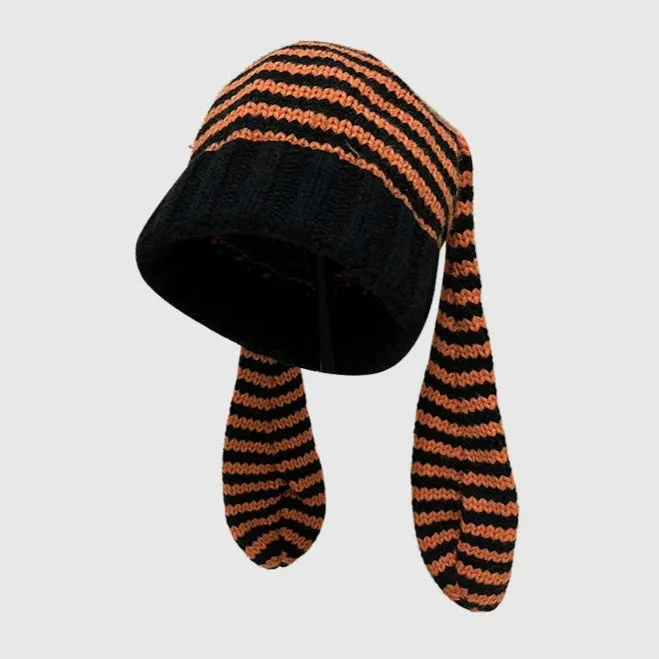 Cute Rabbit Ears Knitted Stripe Pullover Hat