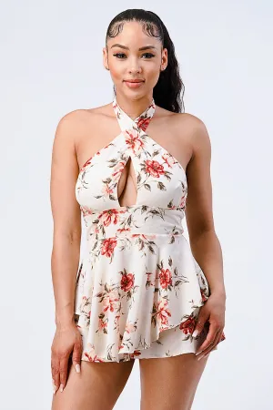 FLORAL SMOCKED HALTER KEYHOLE RUFFLED ROMPER