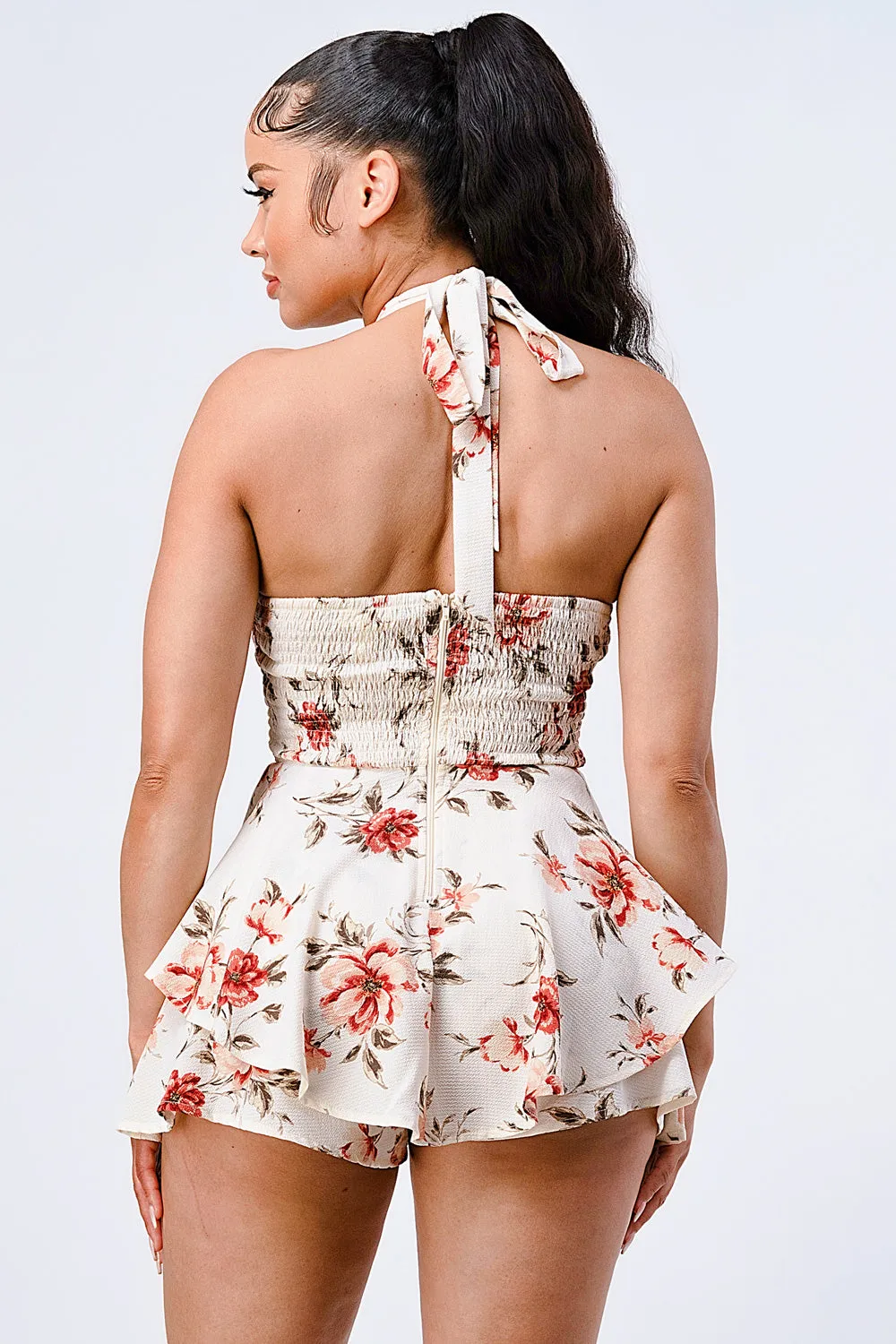 FLORAL SMOCKED HALTER KEYHOLE RUFFLED ROMPER