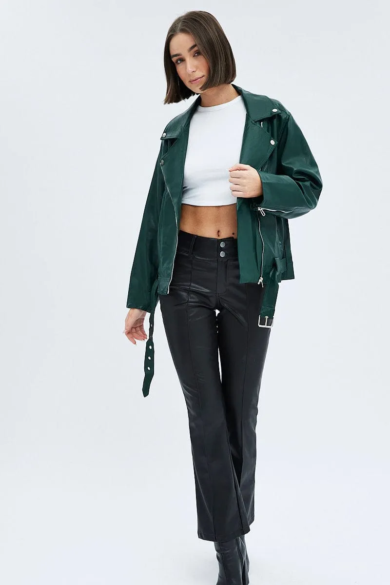 Green Jacket Long Sleeve Collared Faux Leather