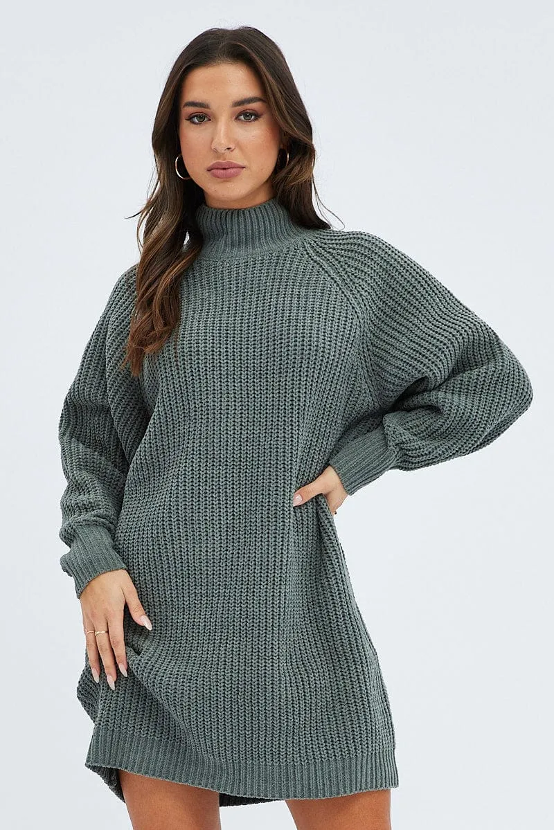 Green Knit Dress High Neck Oversized chenille