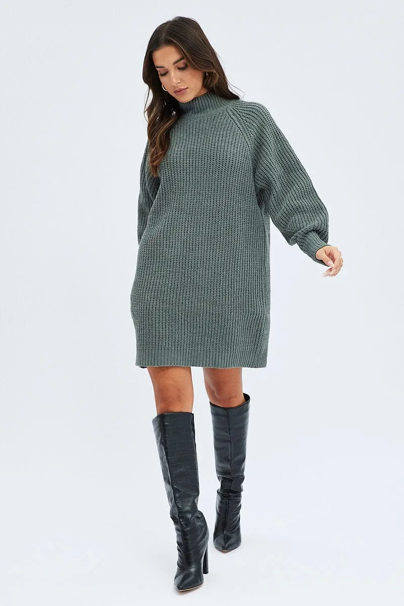 Green Knit Dress High Neck Oversized chenille