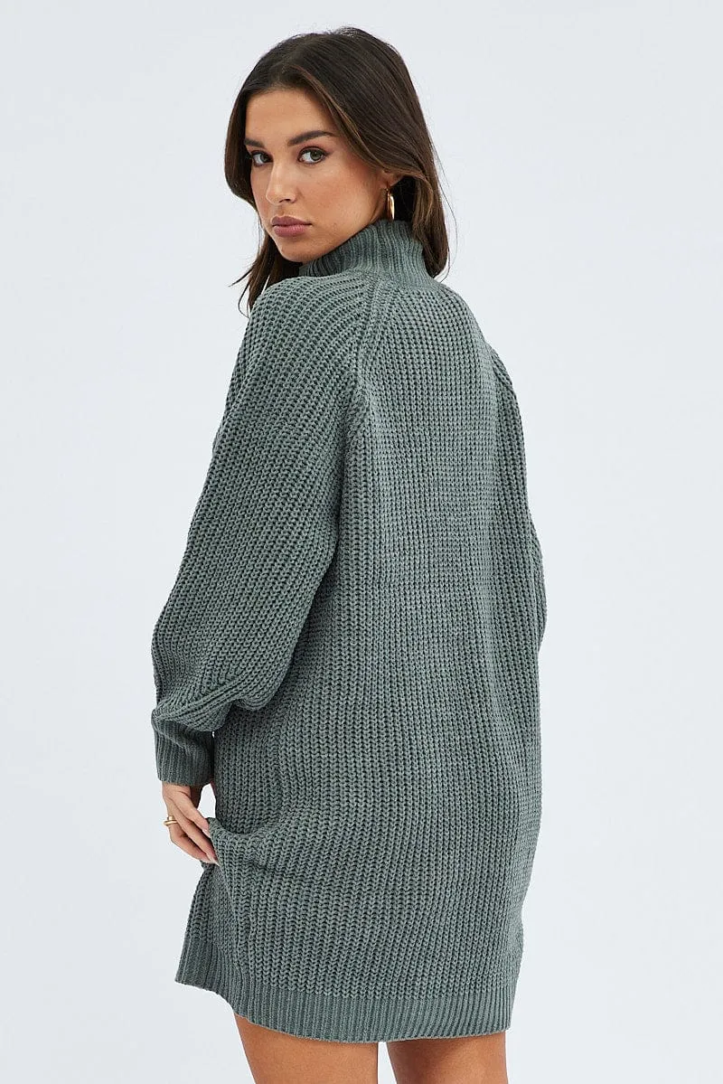 Green Knit Dress High Neck Oversized chenille