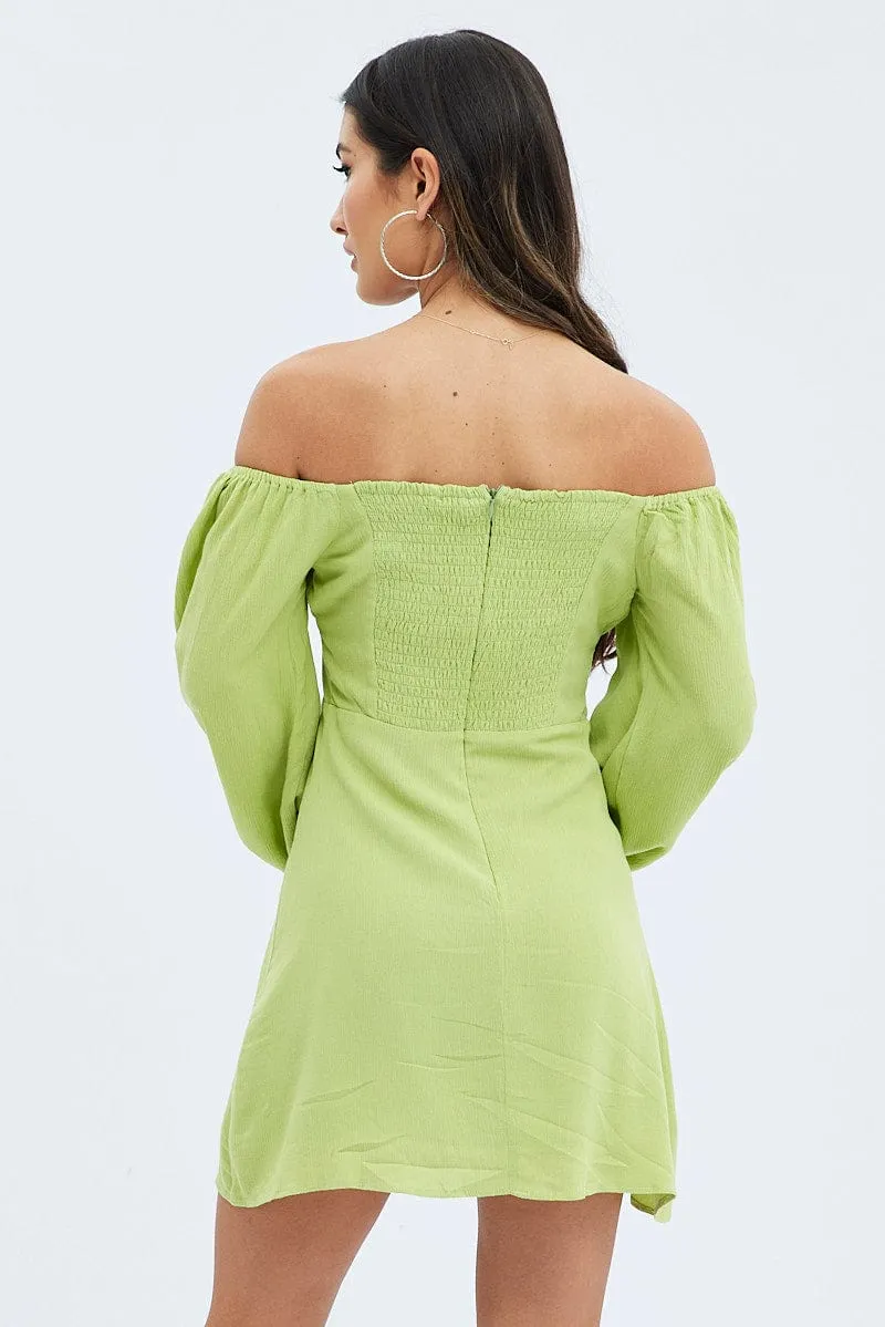 Green Mini Dress Ruched Bust Long Sleeve