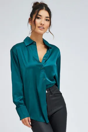Green Shirt Long Sleeve Collared Neck Satin