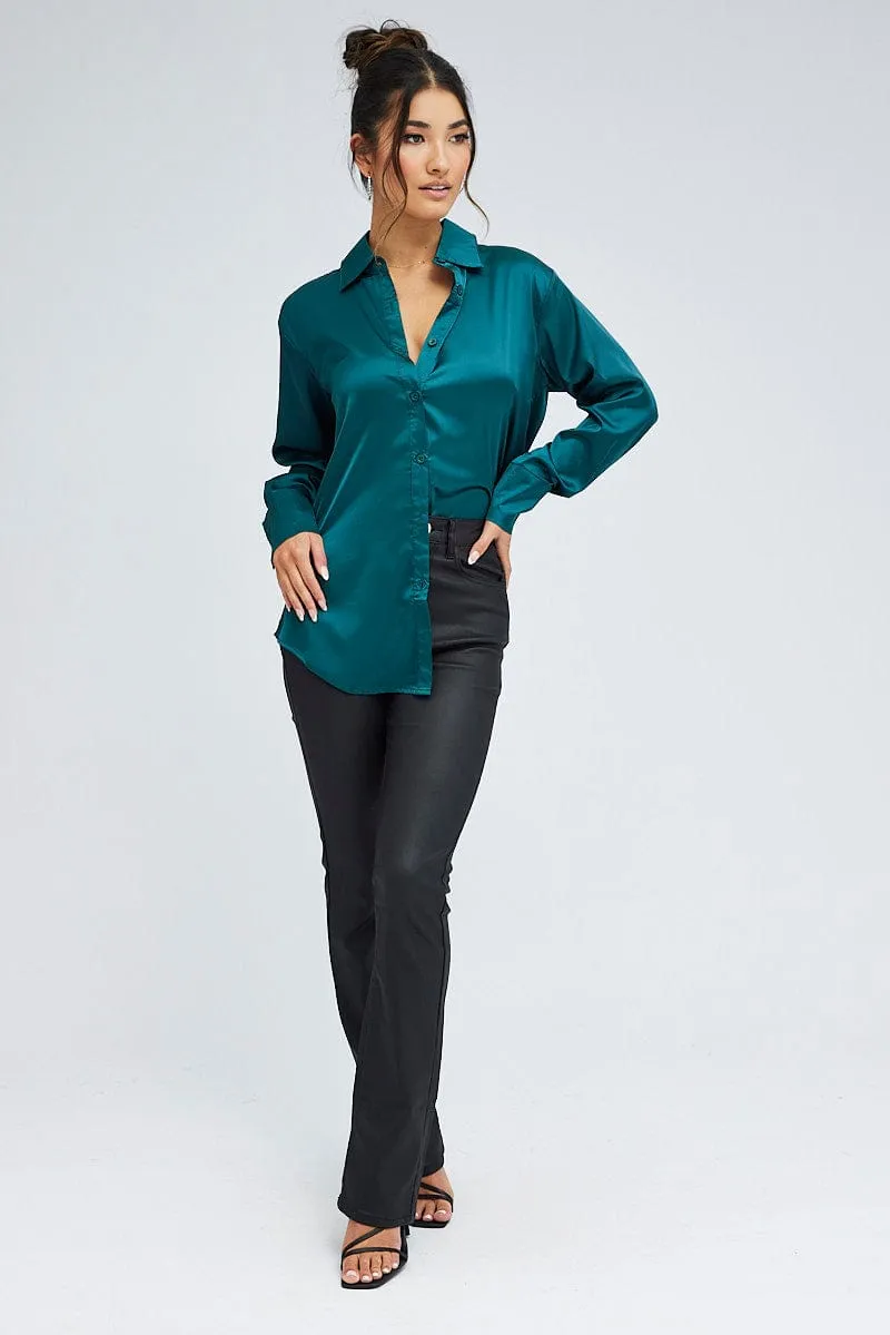 Green Shirt Long Sleeve Collared Neck Satin